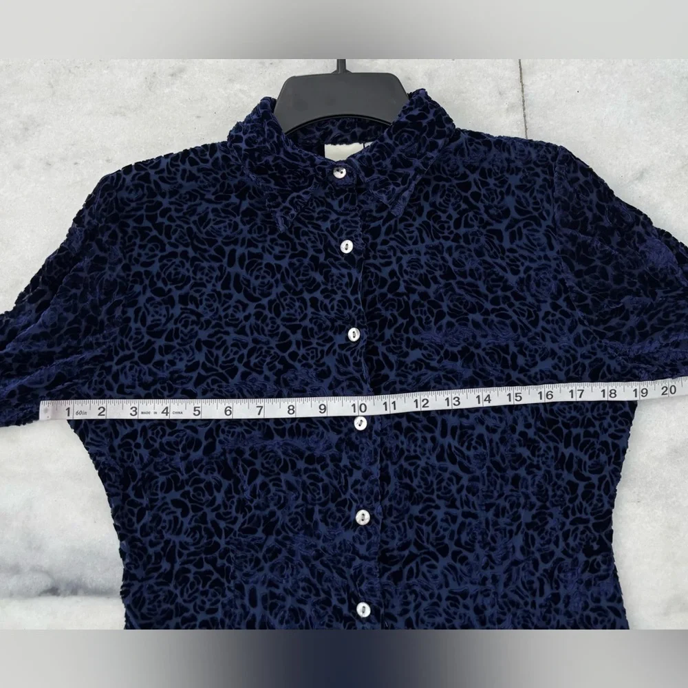 Y2K Merona Top Button Up Velvet Burnout Blue Silk Blouse Womens XS Whimsigoth - Picture 7 of 10